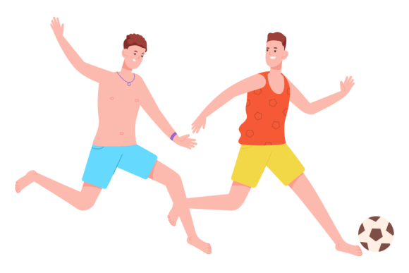 Young Men Playing Soccer: Cheerful Beach Graphics
